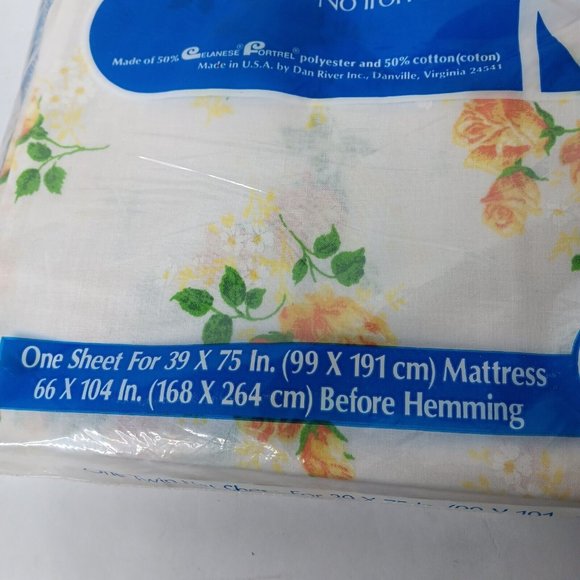 Vintage Dan River Twin Flat Sheet White Yellow Roses No Iron Fortrel 66x104 READ - Picture 3 of 9